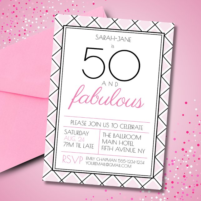 50 och fantastisk födelsedagsfest inbjudningar (50 and fabulous birthday invitation with art deco style checkered background.)