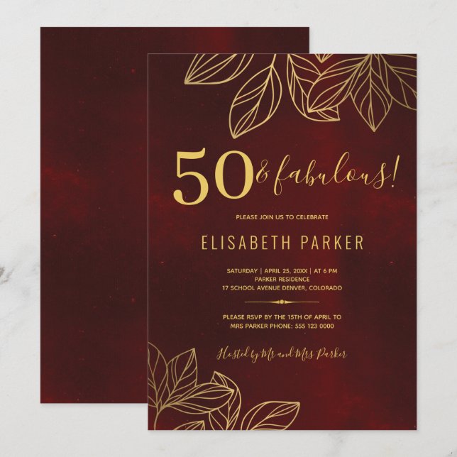 50 och fantastisk gul elegant 50-årsfest inbjudningar (Fram/baksida)