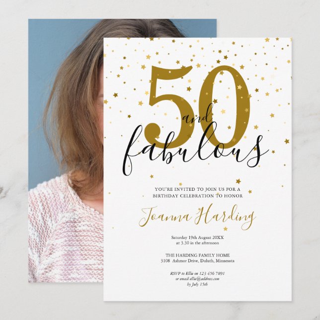50 och fantastisk guld svart 50-års födelsedagsfot inbjudningar (Fram/baksida)