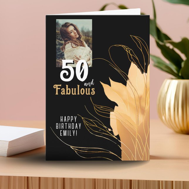 50 och fantastisk guldblad 50-års födelsedagsfoto kort (Skapare uppladdad)
