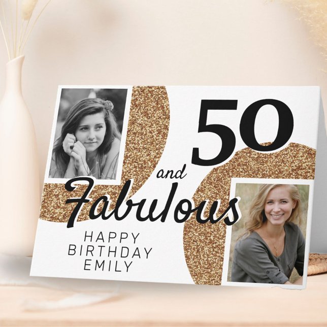 50 och fantastisk guldglitter 2 foto 50-årsdag kort (Skapare uppladdad)