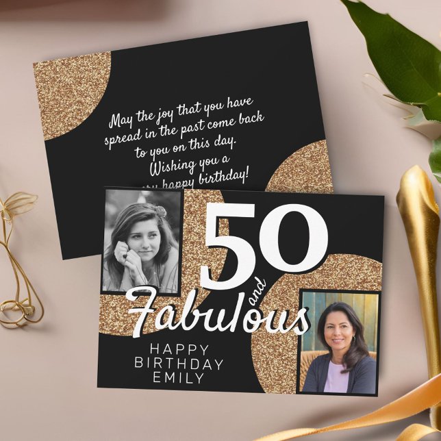 50 och fantastisk guldglitter 2 foto 50-årsdag kort (Skapare uppladdad)