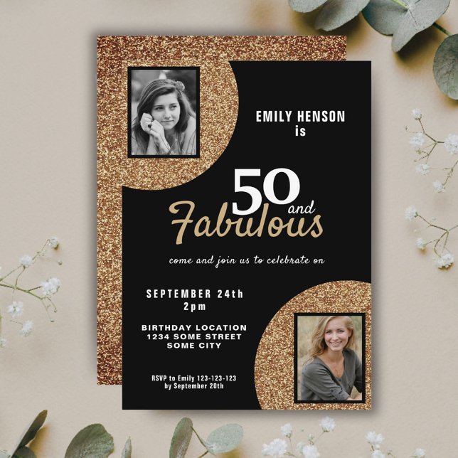 50 och fantastisk guldglitter 2 foto 50-årsfirande inbjudningar (Skapare uppladdad)
