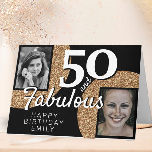 50 och fantastisk guldglitter 2 foto 50-årsfirande kort