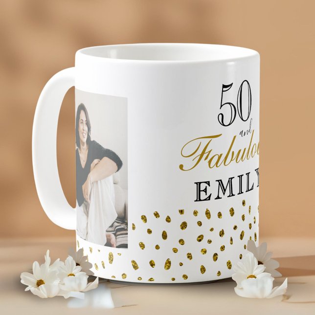 50 och fantastisk guldglitter Foto 50-årsdag Kaffemugg (Skapare uppladdad)
