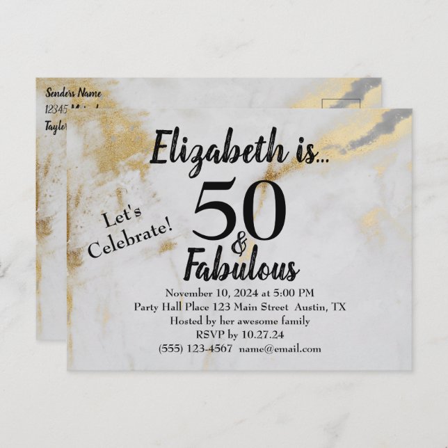 50 och fantastisk guldgrå marmor med svart text  vykort (Fram/baksida)