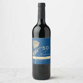 50 och fantastisk klassisk blå och guldrösblomma vinflaska etikett