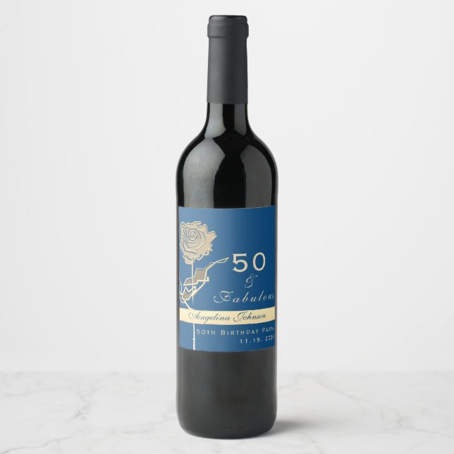 50 och fantastisk klassisk blå och guldrösblomma vinflaska etikett (Framsida)