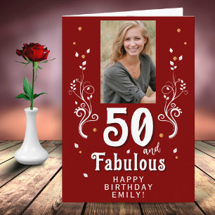 50 och fantastisk lövverk Röd 50-års födelsedagsfo Kort