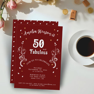 50 och fantastisk lövverk Röd 50-årsdag Inbjudningar