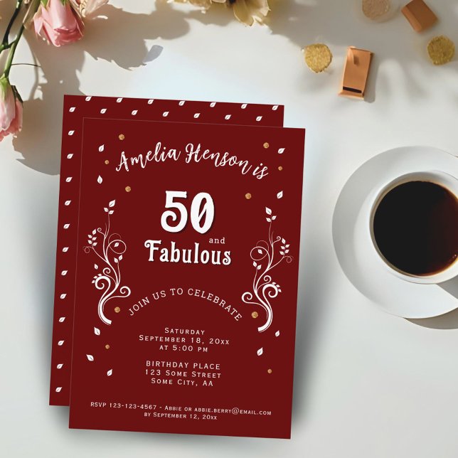 50 och fantastisk lövverk Röd 50-årsdag  Inbjudningar (Skapare uppladdad)