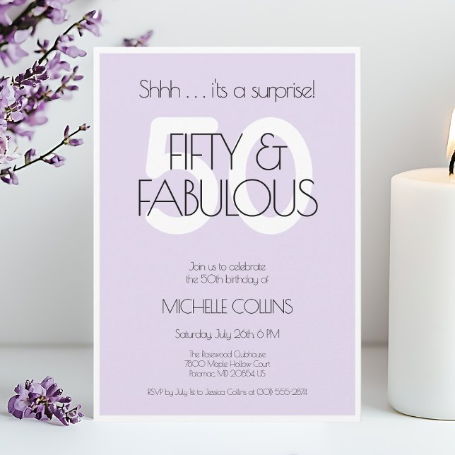 50 och fantastisk modern Lila 50-Födelsedagsfest Inbjudningar (50 and fabulous Modern Purple Fifty Birthday Party Invitation for Her)