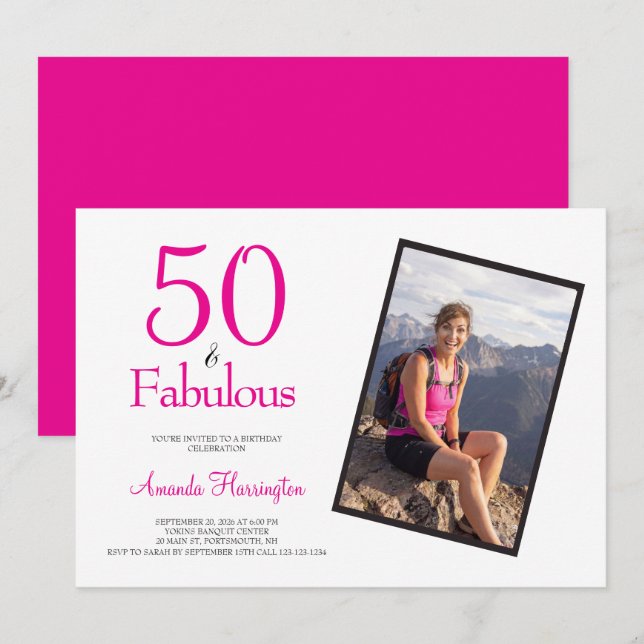 50 och fantastisk rosa 50-årsfest inbjudningar (Fram/baksida)