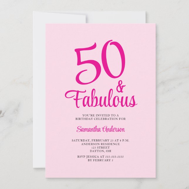 50 och fantastisk rosa 50-årsfest  inbjudningar (Framsida)
