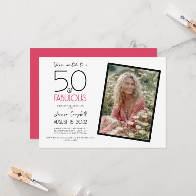 50 och fantastisk rosa 50-årsfest inbjudningar (Fram/Back In Situ)