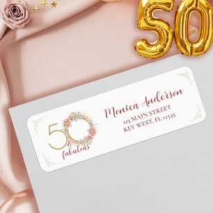 50 och fantastisk Rosa Blommig Guld Foto Födelseda Returadress Etikett
