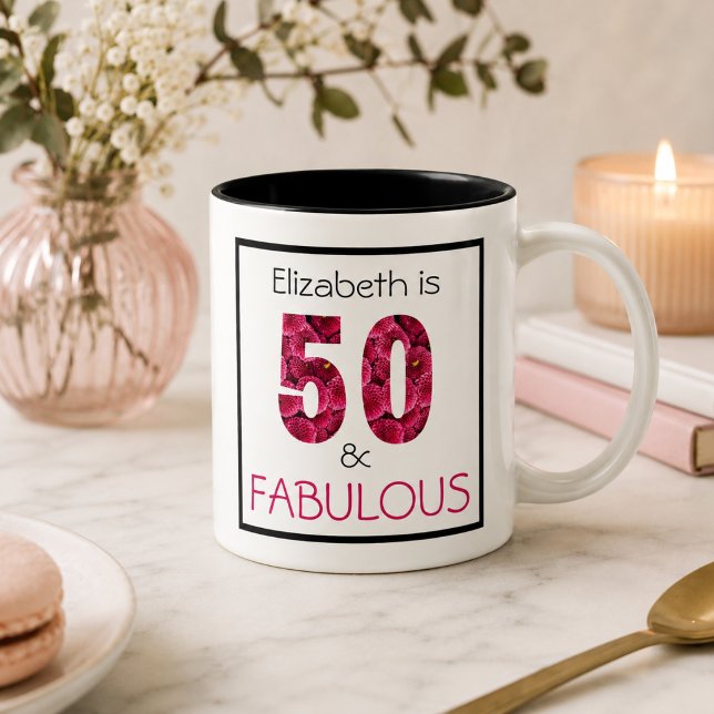 50 och fantastisk Rosa Blommig Personlig Kaffemugg (Add name to customize. )