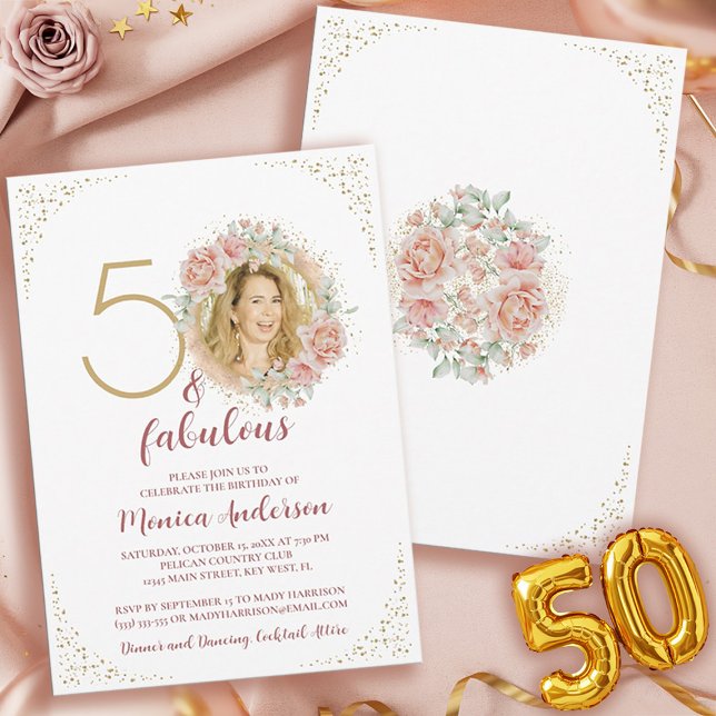 50 och fantastisk rosa blomster guld foto födelsed inbjudningar (50 and Fabulous Pink Floral Gold Photo Birthday Invitation)
