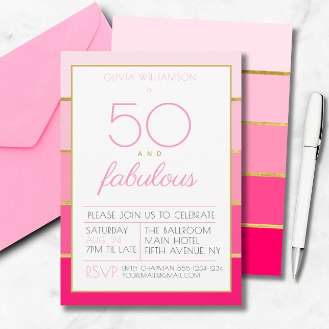 50 och fantastisk rosa guld födelsedagsfest inbjudningar (50 and fabulous, modern pink and gold, fiftieth birthday party invitation. 50th birthday party)
