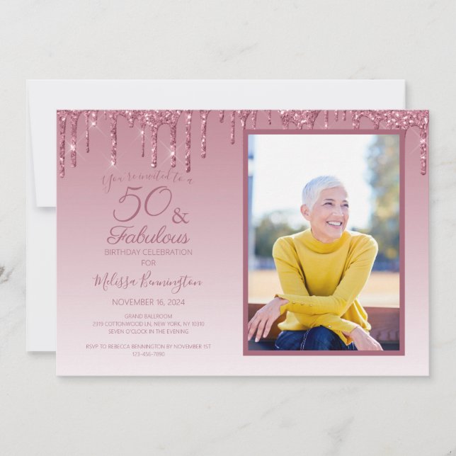 50 och fantastisk rosa guld rosa glitterfoto inbjudningar (Framsida)