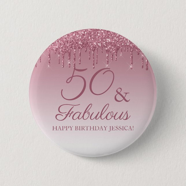 50 och fantastisk rosa guldrosa droppande glitter knapp (Framsida)