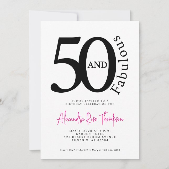 50 och fantastisk Rosa Skript 50-årsfest Inbjudningar (Framsida)