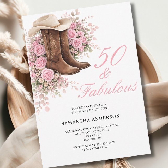 50 och fantastisk rosa västerländsk blommig 50-års inbjudningar (Skapare uppladdad)