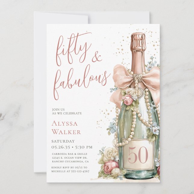 50 och fantastisk rose gold script 50-årsdag inbjudningar (Framsida)