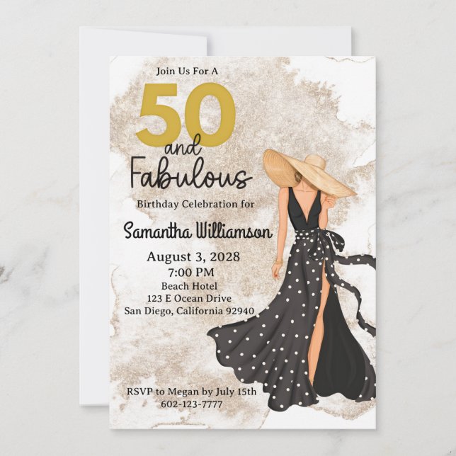 50 och fantastisk svart och guld födelsedagsfest inbjudningar (Framsida)
