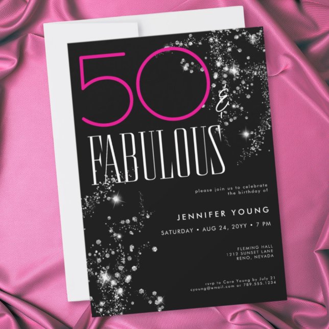 50 och fantastisk svart rosa glamör glänsande föde inbjudningar (50 and Fabulous Black Pink Glam Sparkle Birthday Invitation)