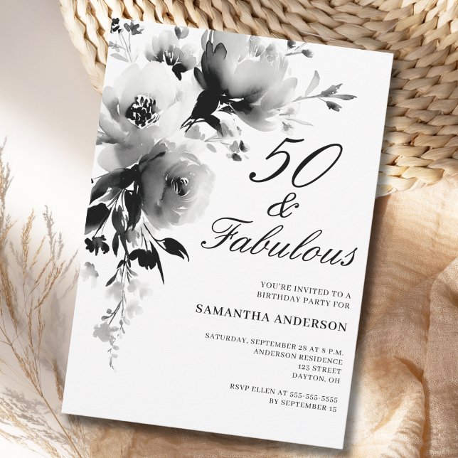 50 och fantastisk svart vit blommig 50-årsdag  inbjudningar (Skapare uppladdad)
