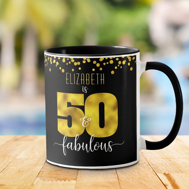 50 och fantastiska födelsedag guld-folie har svart mugg (Skapare uppladdad)