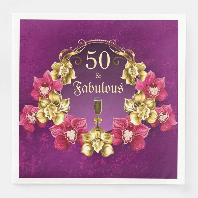 50 och Guld Rosa Orchids och champagne Pappersservett (Framsida)