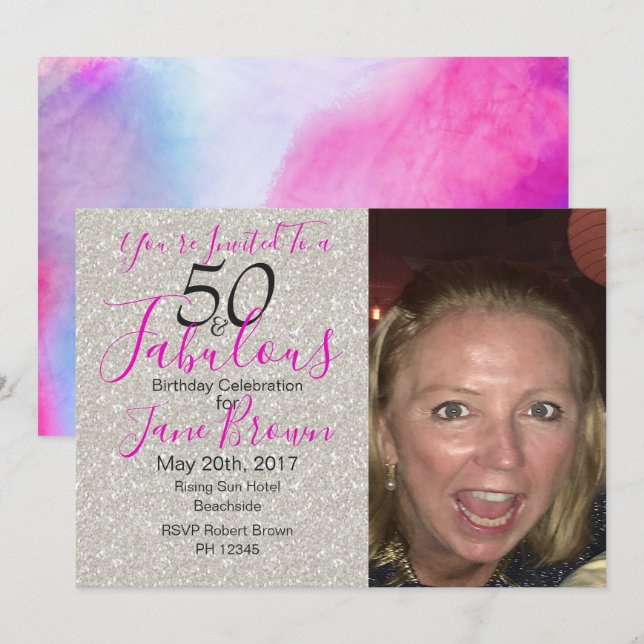 50 och inbjudan till Fabulous Lila Silver och Rosa (Fram/baksida)
