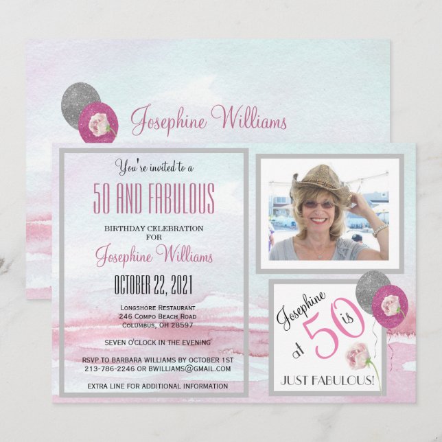 50 och Rosa för inbjudan till Fabulous Party (Fram/baksida)