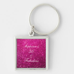 50 och Rosa vid födelsedag Lila Glitter Cute Fyrkantig Silverfärgad Nyckelring