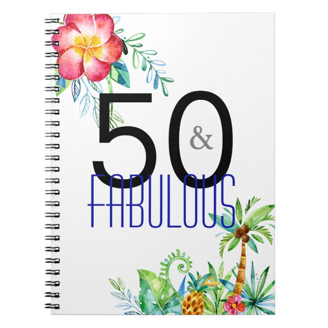 50 och sagolik tropisk 50th födelsedagsfest anteckningsbok med spiral (Framsidan)
