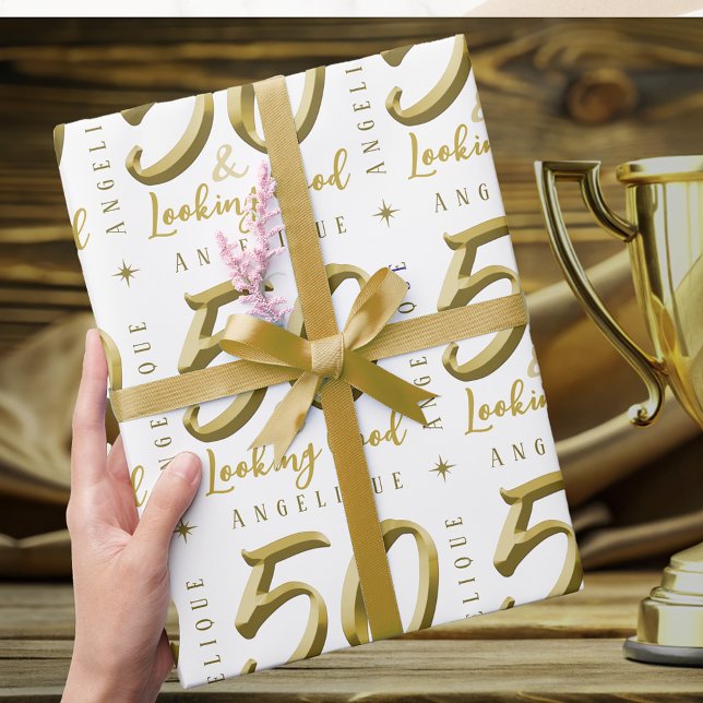 50 och Tittar Bra Guld födelsedag Presentpapper (Skapare uppladdad)