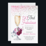 50 och uppmjukande Födelsedagsfest Inbjudningar<br><div class="desc">En snyggt modern 50 och fantastisk födelsedagsfest med en blommigt champagneglas,  en sprinkl av glitter och kalligrafi rosa och svart typografi.</div>