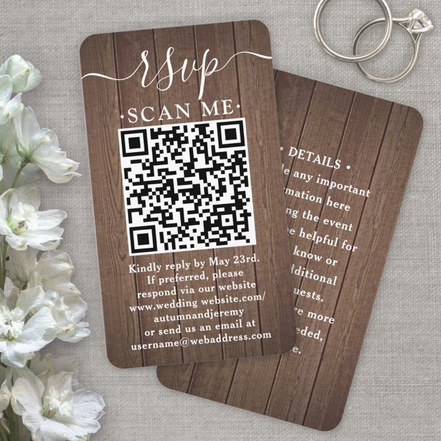 50-pack QR RSVP Bröllop Brun Falskt Träkuvert Visitkort (Skapare uppladdad)