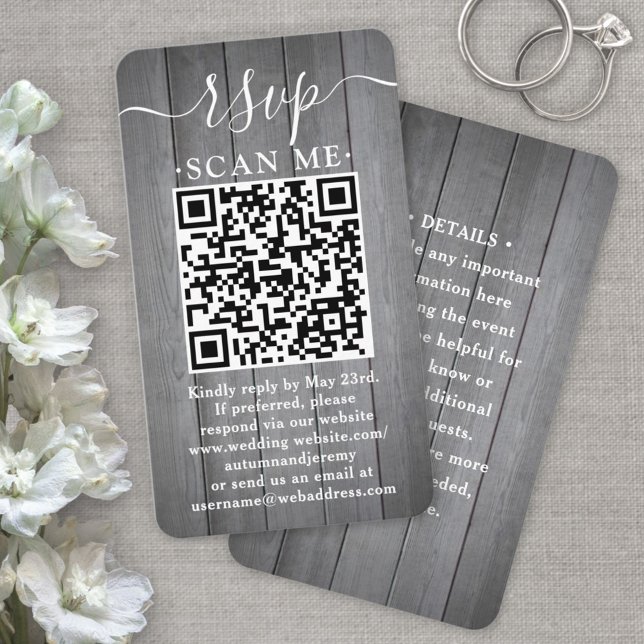 50-pack QR RSVP Bröllop Grå Falskt Träkuvert Visitkort (Skapare uppladdad)