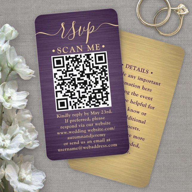 50-pack QR RSVP lila och guld bröllopsinbjudan bif Visitkort (Skapare uppladdad)