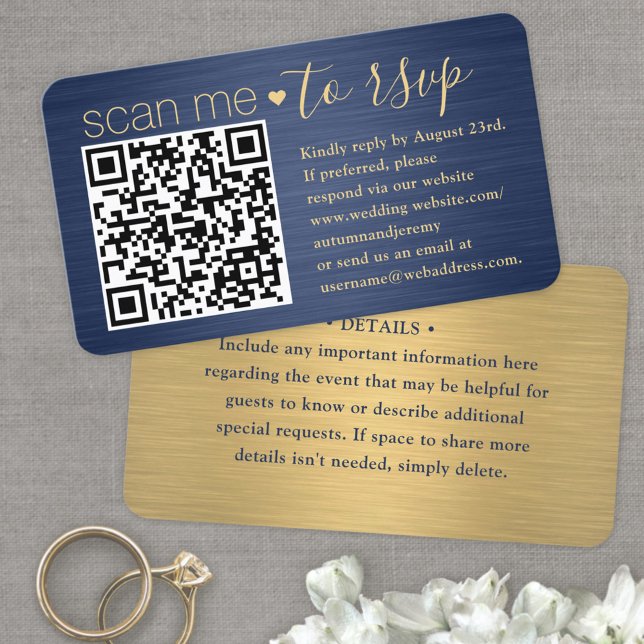 50-pack Scan Me QR RSVP Blå och Guld Bröllop Visitkort (Skapare uppladdad)