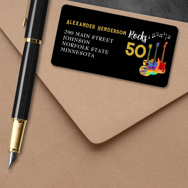 50 Rocks Cool Gitarr 50-årsfest Adressetikett (Rocks 50 cool funky guitar gold and black 50th birthday party return address label)