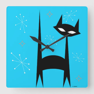 50:s Retro Black Cat Blue-popkonturklocka Fyrkantig Klocka