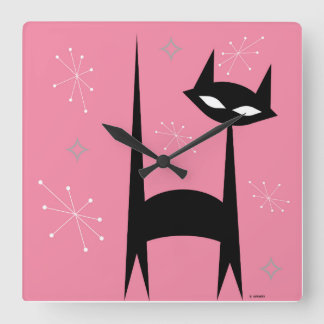 50:s Retro Black Cat Rosa-knapp-klocka Fyrkantig Klocka