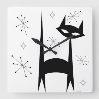 50:s Retro Black Cat White Pot Art Clock Fyrkantig Klocka