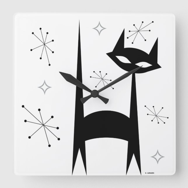 50:s Retro Black Cat White Pot Art Clock Fyrkantig Klocka (Framsida)