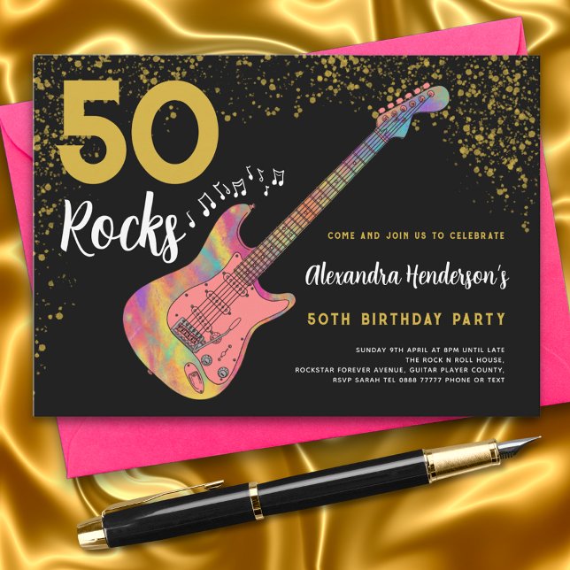 50 Sten 50:e Födelsedagsfestens Rosa Svarta Guld Inbjudningar (50 Rocks pink black and gold glitter 50th birthday party invitation modern funky colorful guitar)