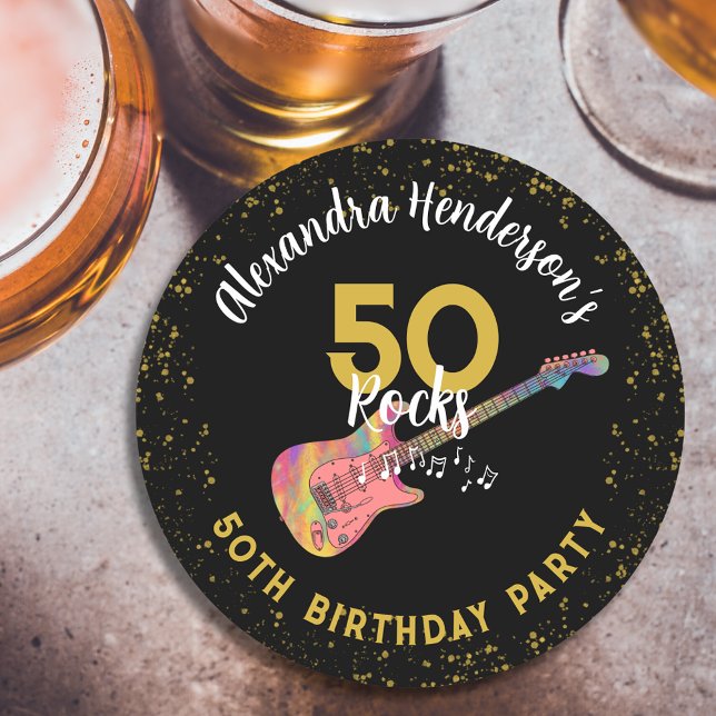 50 Sten 50:e Födelsedagsfestens Rosa Svarta Guld Underlägg Papper Rund (50 Rocks cool pink black and gold custom 50th birthday party paper coaster )